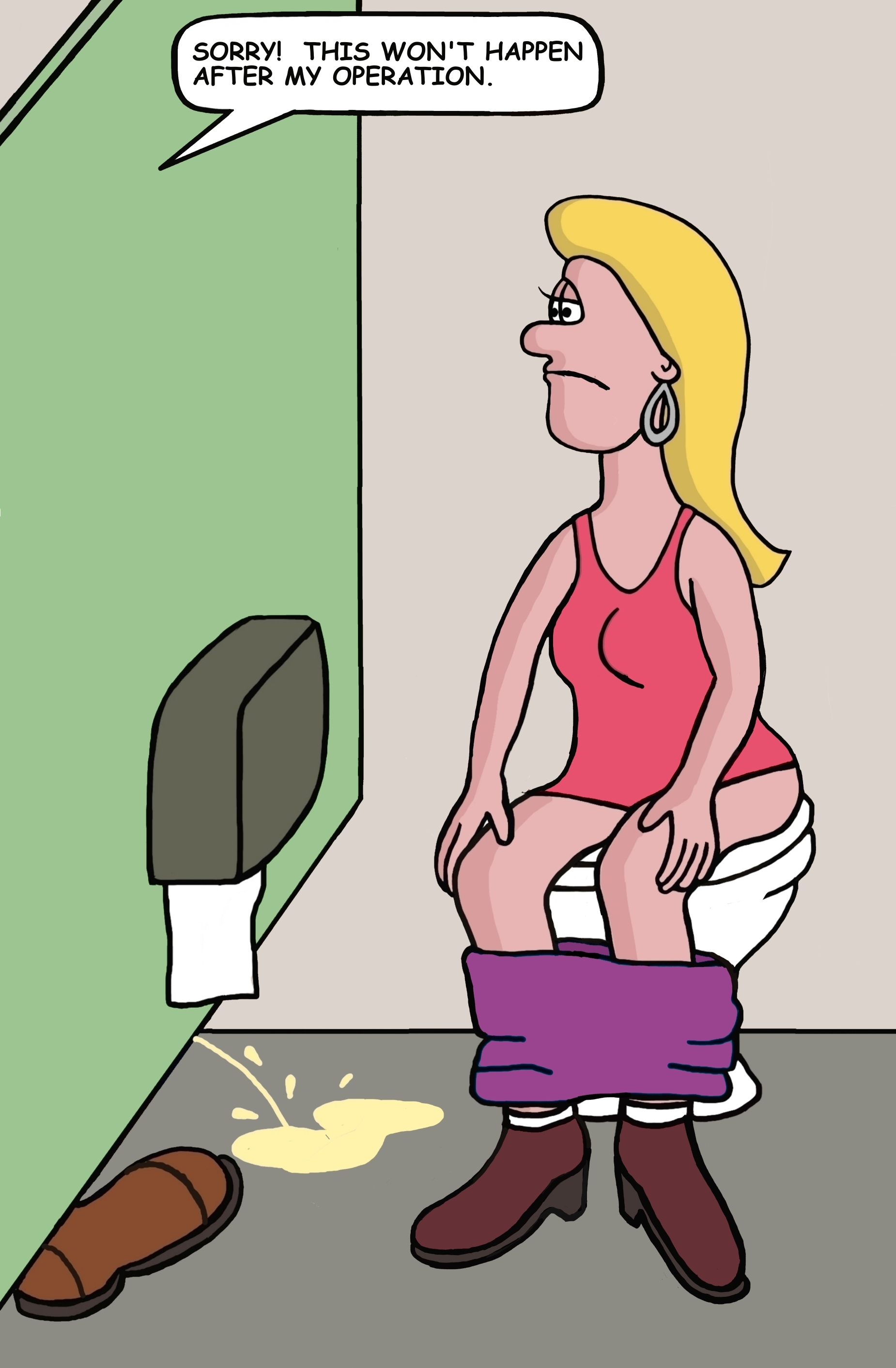 A woman sits on the toilet. A stream of pee splashes the floor from the adjacent stall. A man says, "Sorry! This won't happen after my operation."